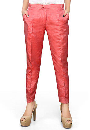 Solid Color Dupion Silk Straight Pant in Coral