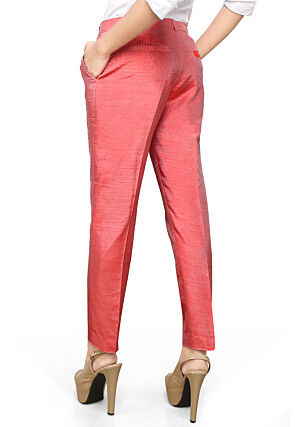 Solid Color Dupion Silk Straight Pant in Coral