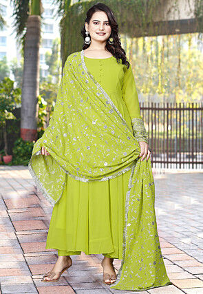 Solid Color Georgette Abaya Style Suit in Light Green