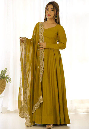 Solid Color Georgette Abaya Style Suit in Mustard