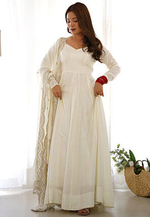 Solid Color Georgette Abaya Style Suit in Off White