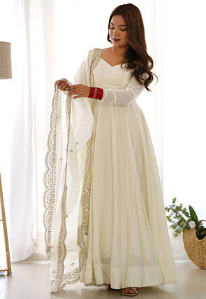 Solid Color Georgette Abaya Style Suit in Off White