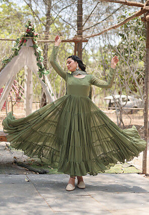 Solid Color Georgette Abaya Style Suit in Olive Green