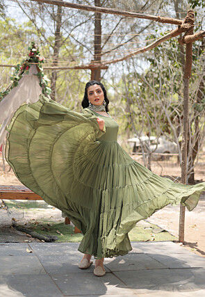 Solid Color Georgette Abaya Style Suit in Olive Green