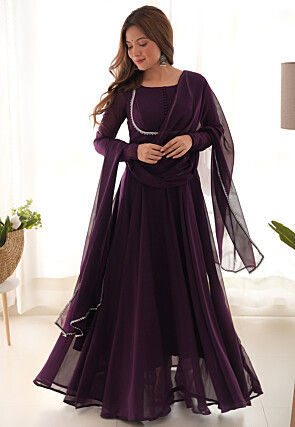 Solid Color Georgette Abaya Style Suit in Wine