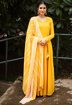 Solid Color Georgette Abaya Style Suit in Yellow