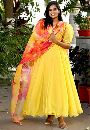 Solid Color OrganzaAbaya Style Suit in Yellow