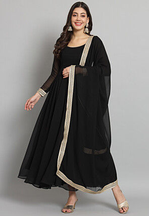 Solid Color Georgette Aline Suit in in Black