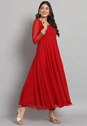 Solid Color Georgette Aline Suit in in Red