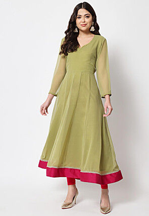 Solid Color Georgette Anarkali Set is Light Olive Green