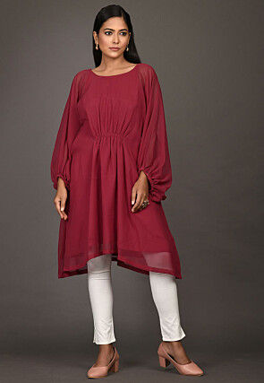 Solid Color Georgette Asymmetric Tunic in Maroon
