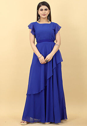Solid Color Georgette Layered Gown in Royal Blue