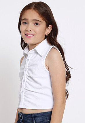 Solid Color Georgette Lycra (Elastane) Shirt Style Crop Top in White