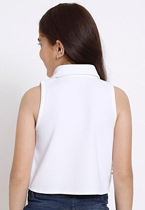 Solid Color Georgette Lycra (Elastane) Shirt Style Crop Top in White