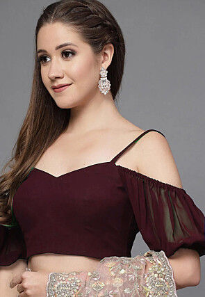 Solid Color Georgette Off Shoulder Blouse in Purple