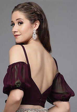 Solid Color Georgette Off Shoulder Blouse in Purple