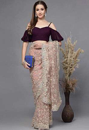 Solid Color Georgette Off Shoulder Blouse in Purple