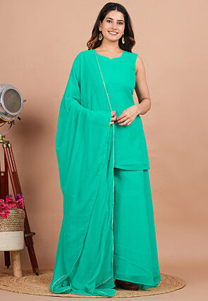 Solid Color Georgette Pakistani Suit in Sea Green