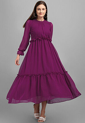 Solid Color Georgette Tiered Dress in Purple