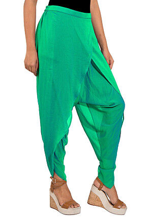 Solid Color Georgette Tulip Dhoti Pant in Teal Green