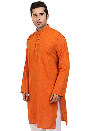 Solid Color Handloom South Cotton Kurta in Orange