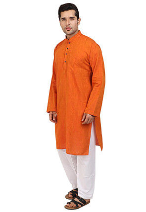 Solid Color Handloom South Cotton Kurta in Orange