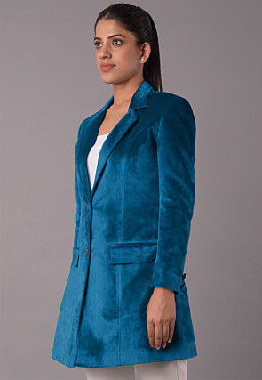 Solid Color Velvet Jacket in Teal Blue