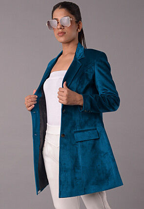 Solid Color Velvet Jacket in Teal Blue