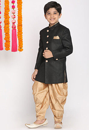 Solid Color Jute Cotton Dhoti Sherwani in Black