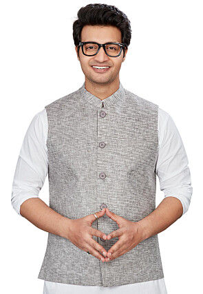Solid Color Cotton Nehru Jacket in Grey