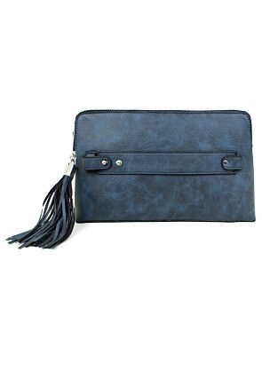Solid Color Leather Rectangular Wristlet in Blue