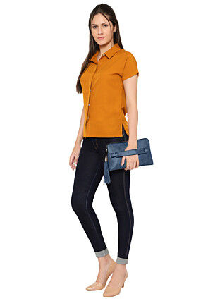 Solid Color Leather Rectangular Wristlet in Blue