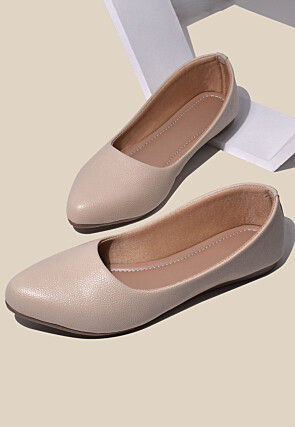 Solid Color Leather Women Ballerinas in Beige