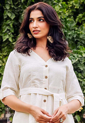 Solid Color Linen Cotton Button Down Dress in Off White