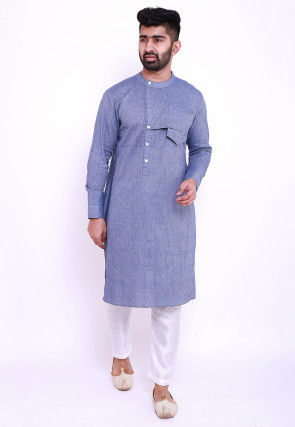 Solid Color Linen Cotton Kurta in Blue