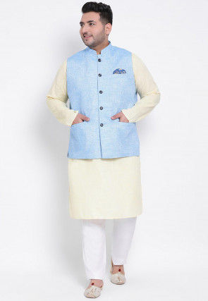 Solid Color Linen Cotton Kurta Jacket Set in Light Yellow