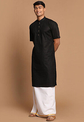 Solid Color Linen Cotton Kurta Mundu Set in Black