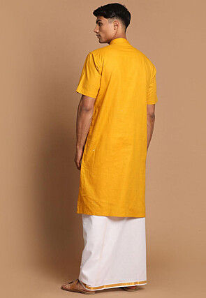 Solid Color Linen Cotton Kurta Mundu Set in Mustard