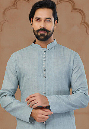 Solid Color Linen Cotton Kurta Set in Light Sky Blue