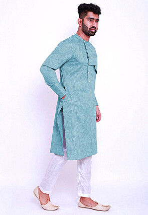 Solid Color Linen Cotton Kurta Set in Sky Blue