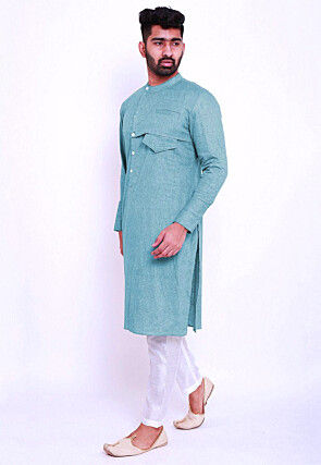 Solid Color Linen Cotton Kurta Set in Sky Blue
