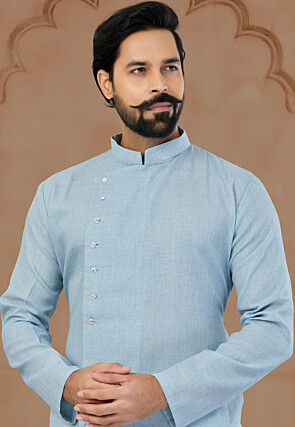 Solid Color Linen Cotton Kurta Set in Sky Blue