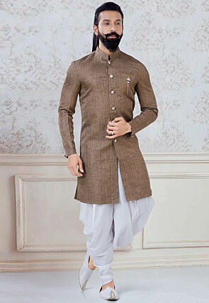 Solid Color Linen Dhoti Sherwani in Brown