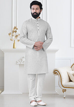 Solid Color Linen Kurta Set in Light Grey