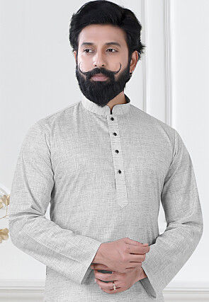 Solid Color Linen Kurta Set in Light Grey