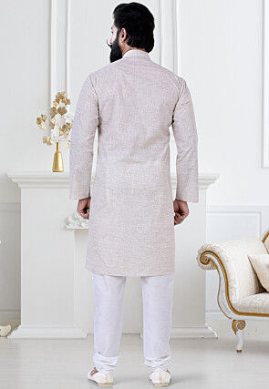 Solid Color Linen Kurta Set in Light Grey