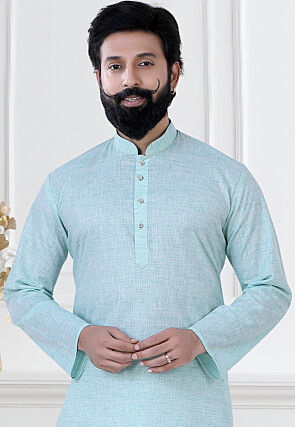 Solid Color Linen Kurta Set in Sky Blue