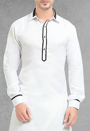 Solid Color Linen Kurta Set in White