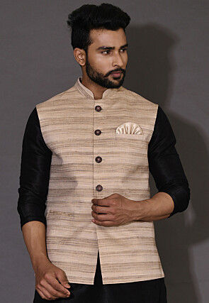 Solid Color Linen Nehru Jacket in Beige