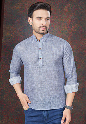 Solid Color Linen Short Kurta in Blue